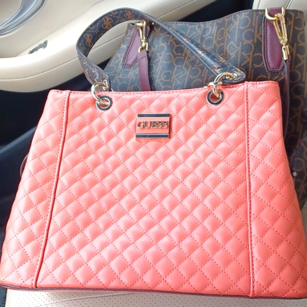 GUESS Quilted Coral Pink Tote with Gold Hardware